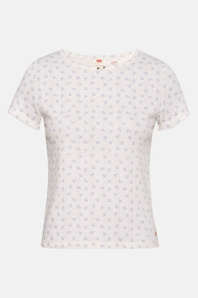T-shirt blanc à manches courtes de Levi's, avec motif floral bleu et texture côtelée.