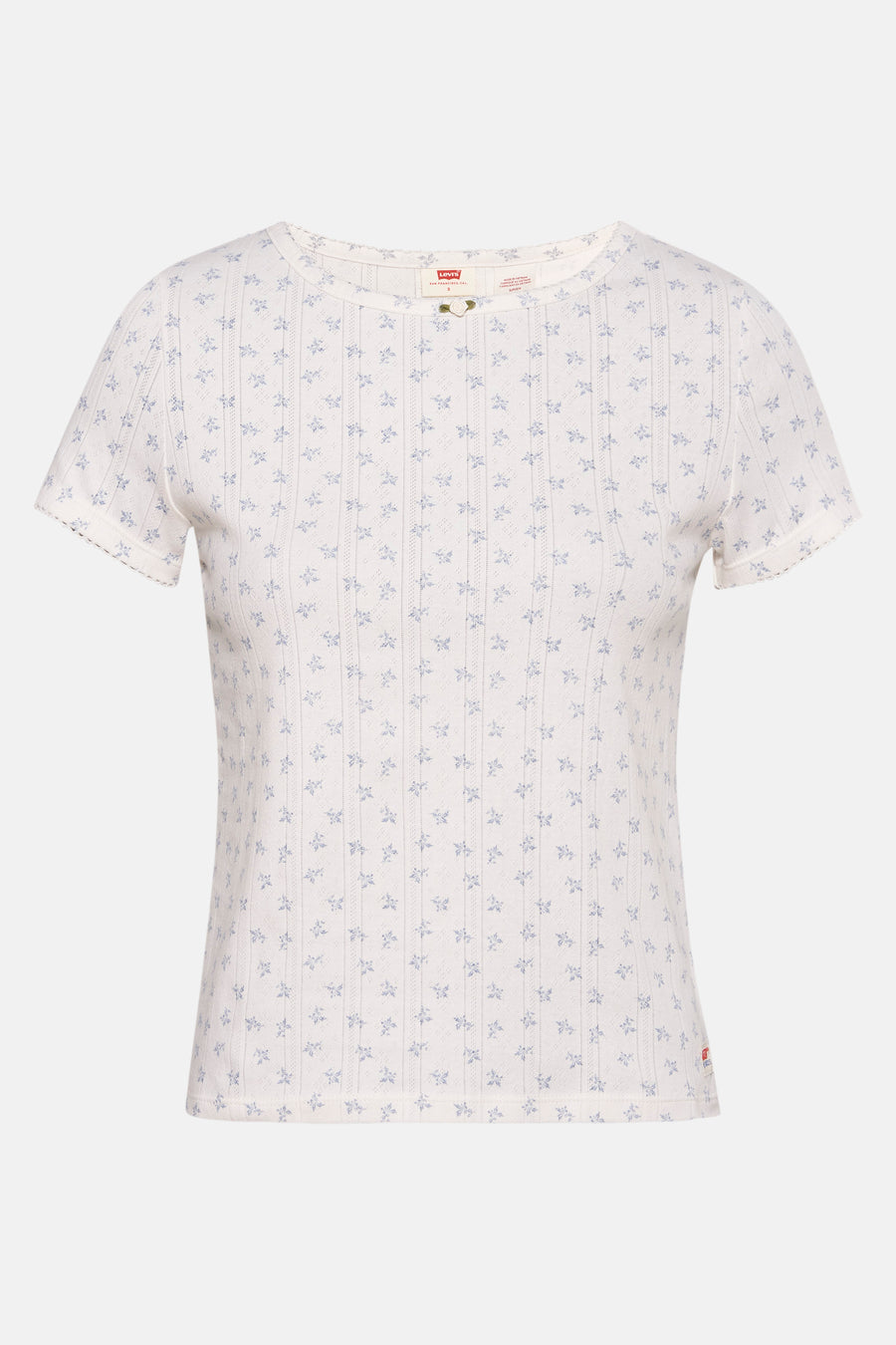 T-shirt blanc à manches courtes de Levi's, avec motif floral bleu et texture côtelée.