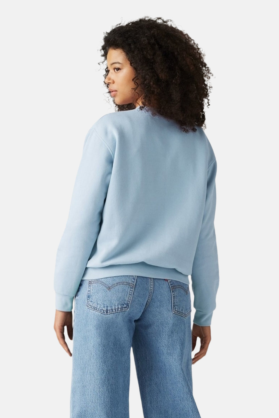 Light blue crewneck sweatshirt with ribbed cuffs and hem, back view on model wearing jeans