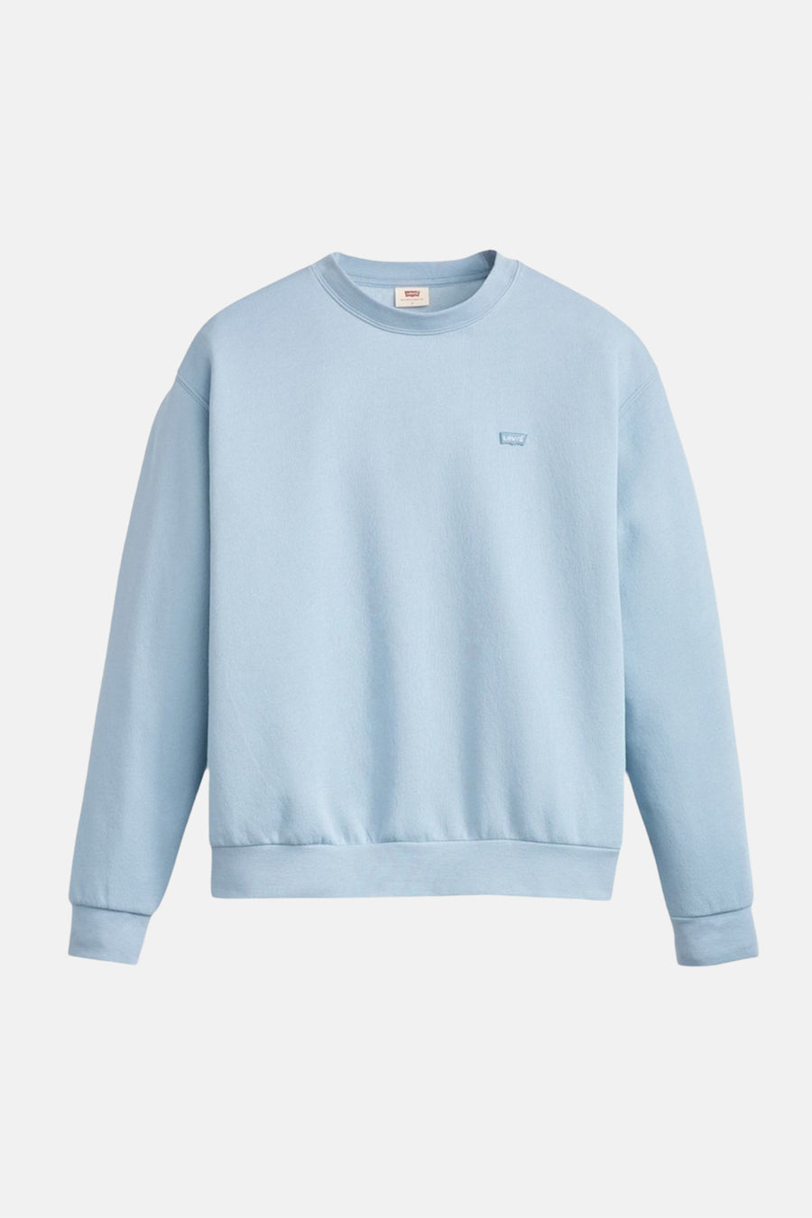 Light blue crewneck sweatshirt by Levi's with small chest logo, ribbed cuffs and hem, front view