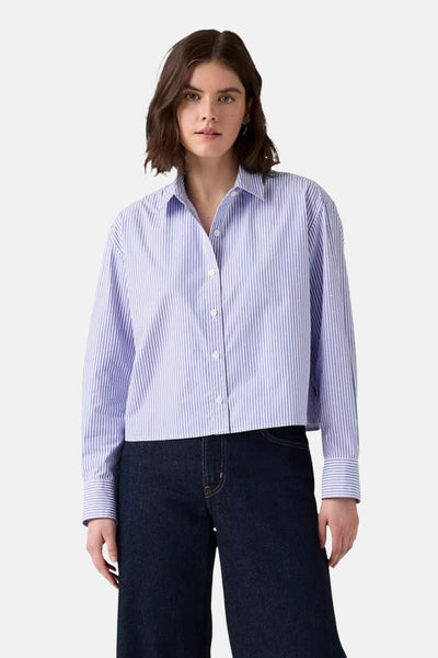 Blauw gestreept overhemd met lange mouwen van Levi's®, gedragen met een donkere broek.