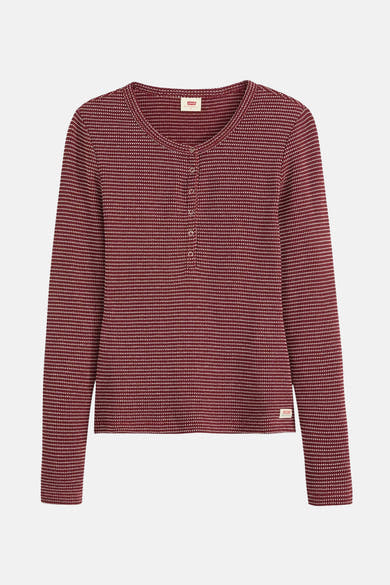 Bordeaux Levi's® T-shirt met lange mouwen, horizontale strepen en knoopsluiting.