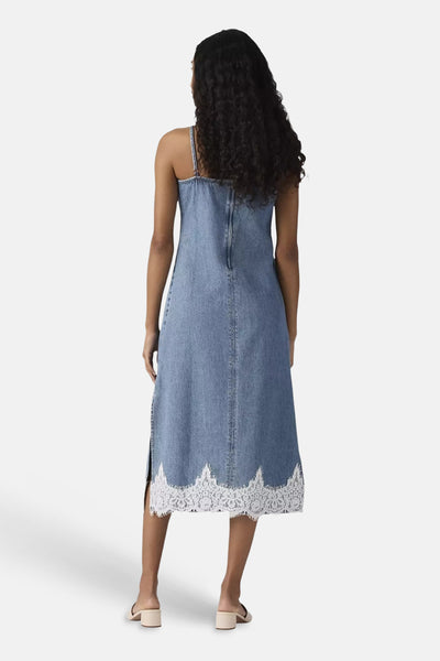 Light blue denim robe by Levi's® with white lace trim at hem, back view on model wearing beige sandals