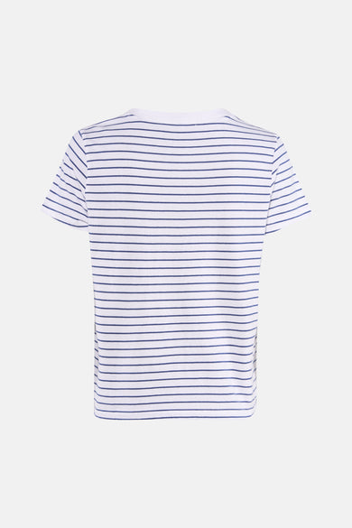 Effenckleurig T-shirt met korte mouwen van Levi's® met marineblauwe horizontale strepen op een witte achtergrond.