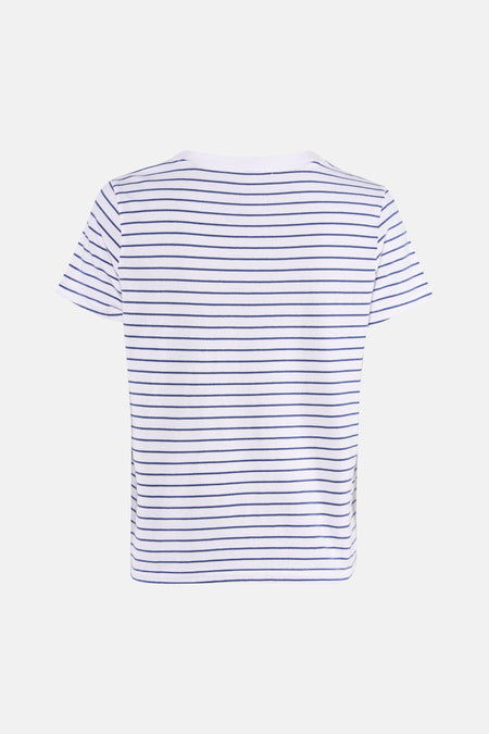 Effenckleurig T-shirt met korte mouwen van Levi's® met marineblauwe horizontale strepen op een witte achtergrond.
