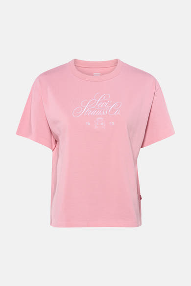 Roze T-shirt met korte mouwen van Levi's, met witte Levi Strauss & Co. logo op de voorkant gedrukt.