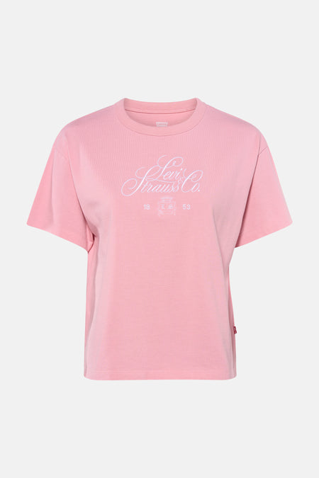 Roze T-shirt met korte mouwen van Levi's, met witte Levi Strauss & Co. logo op de voorkant gedrukt.