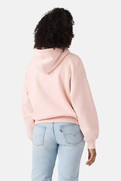 Rose oversized hoodie back view, soft fleece texture, relaxed fit, worn with light blue jeans