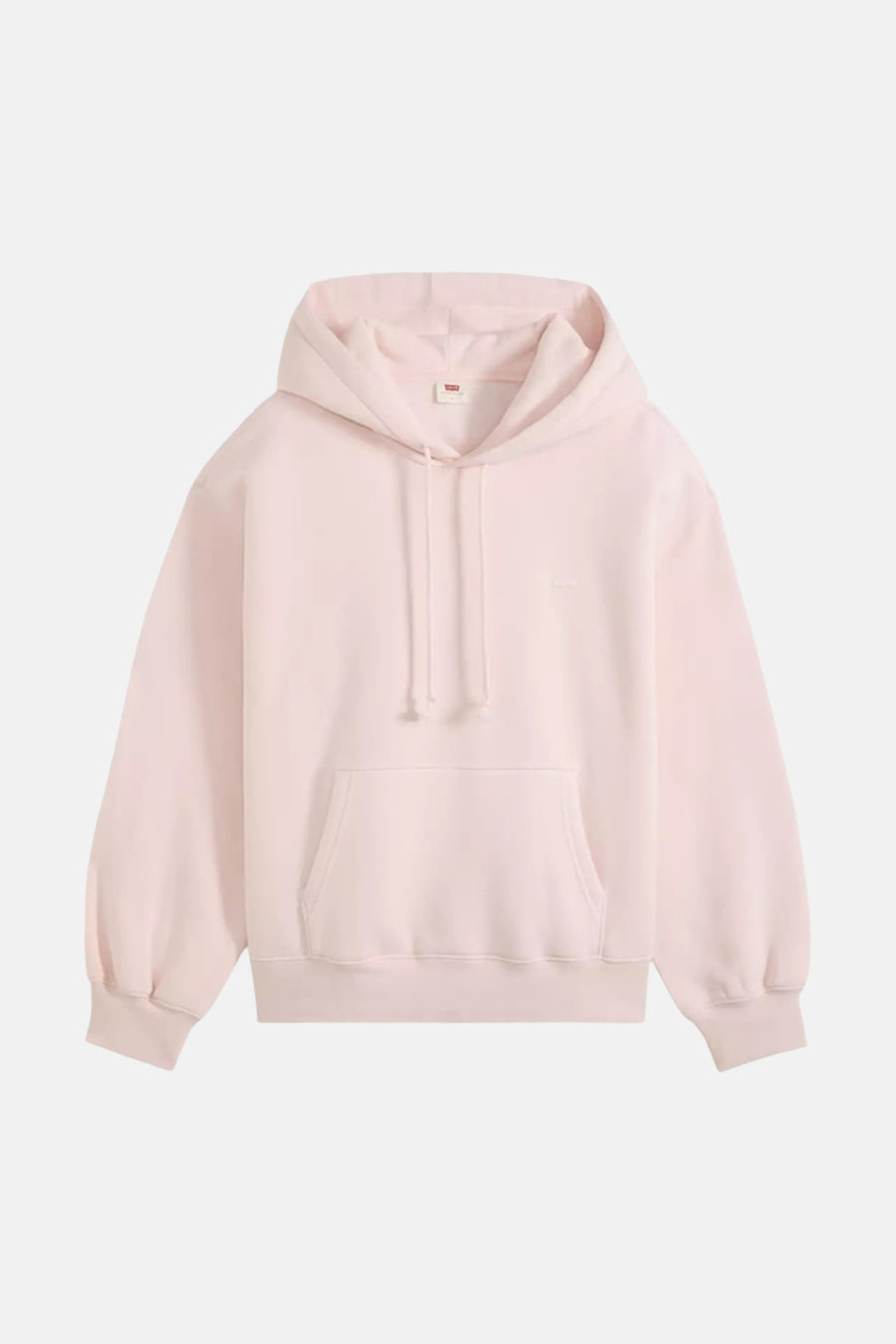 Soft pink oversized hoodie with front pocket and drawstring, by Supreme, shown in front view.