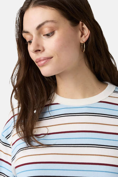 Blue long-sleeve striped top with white ribbed crew neck, featuring horizontal bands of light blue, burgundy, black, and tan, shown in close-up side view on model.