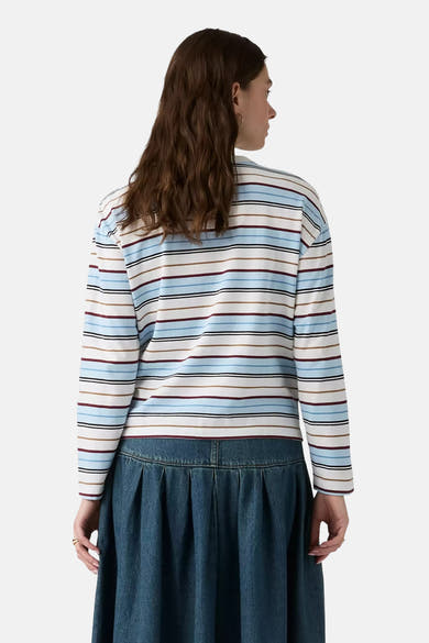 Blue long-sleeve striped top with cream, brown, and black horizontal stripes, back view on model wearing denim skirt