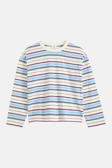 Blue long-sleeve striped t-shirt by Levi's with cream base, horizontal multi-color stripes, and ribbed crew neckline, front view