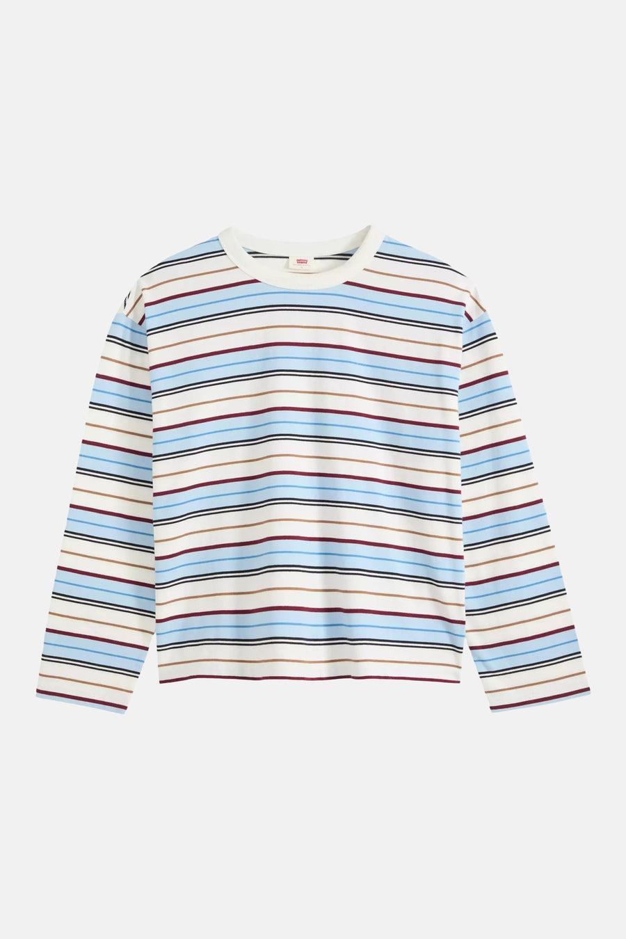 Blue long-sleeve striped t-shirt by Levi's with cream base, horizontal multi-color stripes, and ribbed crew neckline, front view