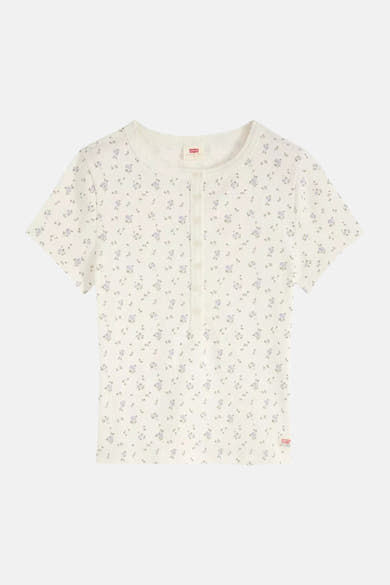 White short-sleeve T-shirt with delicate floral print and front button placket by Levi's, shown flat front view