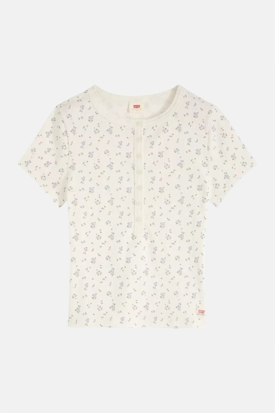 White short-sleeve T-shirt with delicate floral print and front button placket by Levi's, shown flat front view