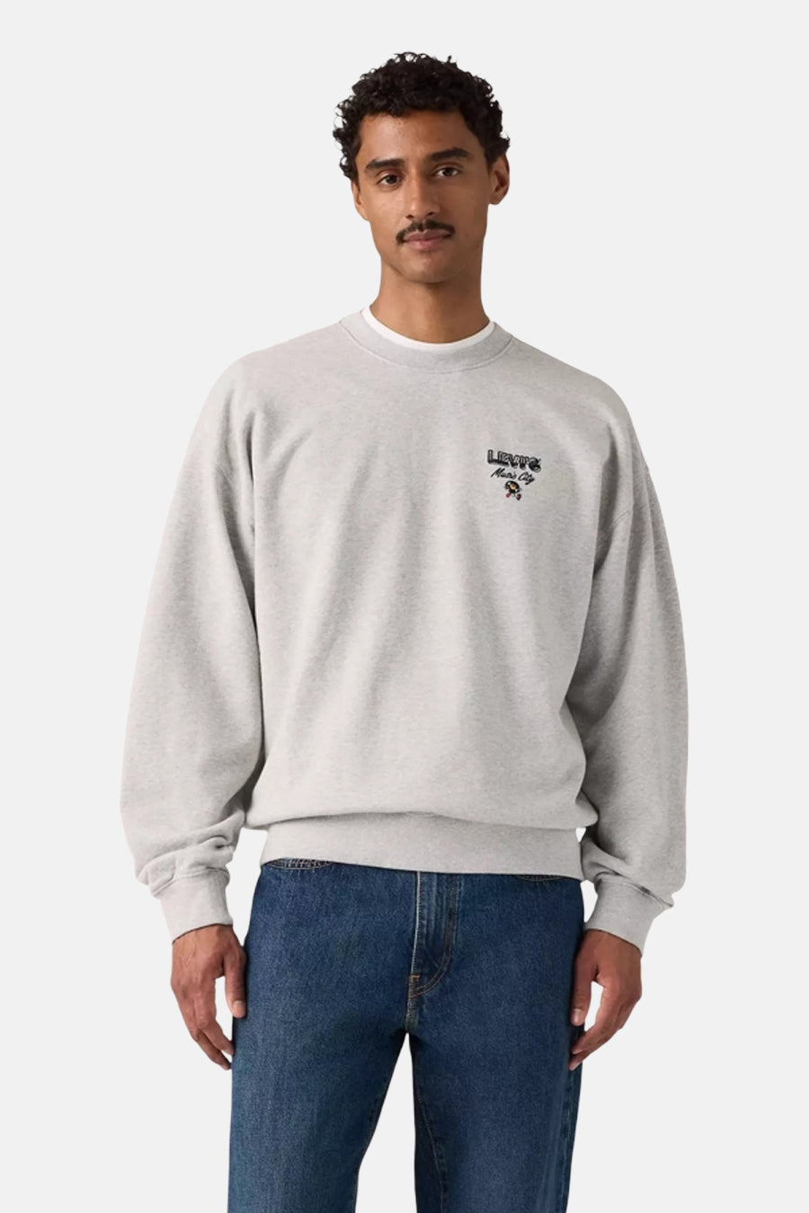 Grey crewneck sweatshirt by Levi's with small chest logo, soft cotton blend, relaxed fit, front view on model wearing blue jeans