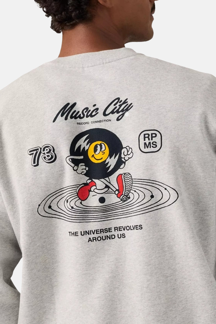 Grey crewneck sweatshirt with graphic print of smiling vinyl record character, "Music City" text, and red shoes, back view.