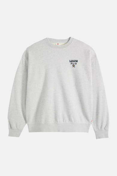 Grey marled crewneck sweatshirt by Levi's with small chest logo and ribbed cuffs, front view