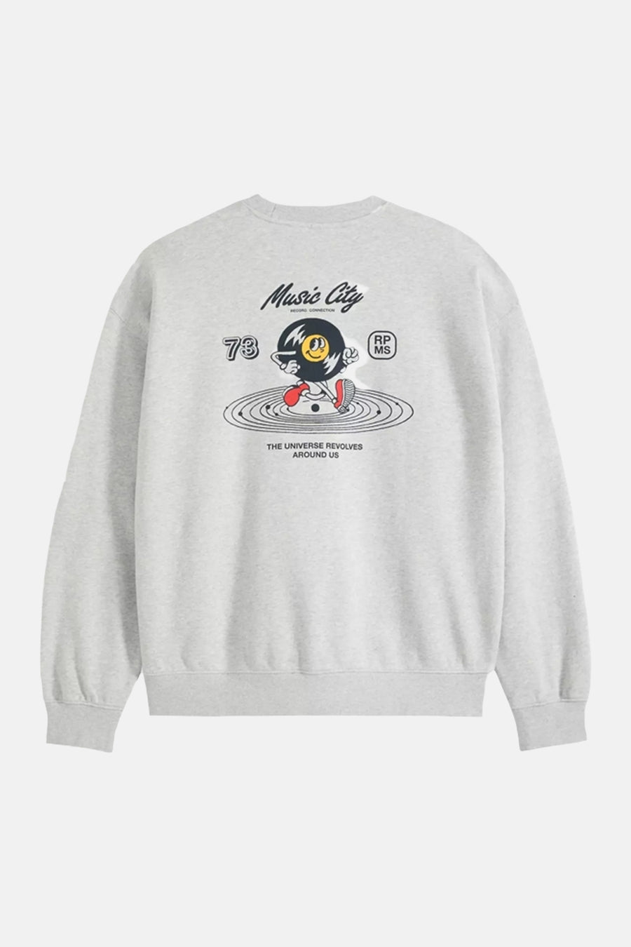 Grey crewneck sweatshirt with music-themed graphic print featuring a vinyl record character, text "Music City" and "The Universe Revolves Around Us", back view