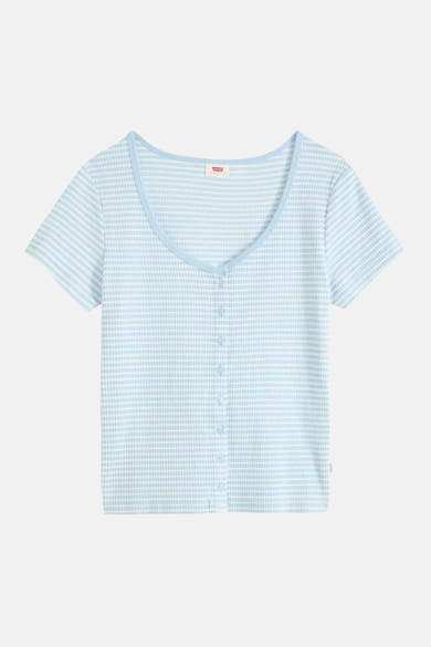 Light blue short-sleeve top with white gingham pattern, V-neck, front buttons, by Levi's, flat lay front view