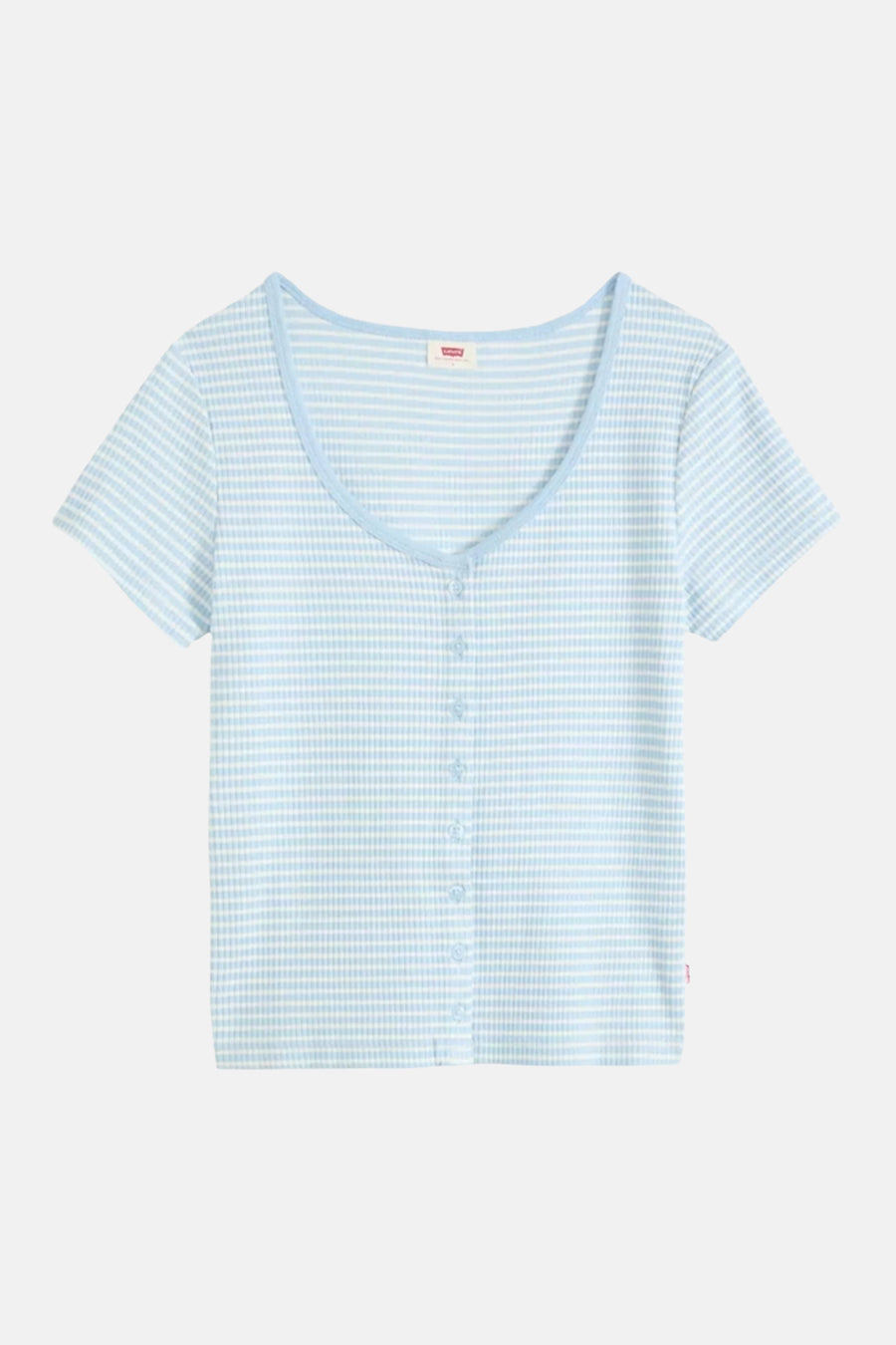 Light blue short-sleeve top with white gingham pattern, V-neck, front buttons, by Levi's, flat lay front view