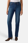 Dark blue straight-leg jeans with subtle fading and whiskering, worn with a white top and brown heeled boots, front view.