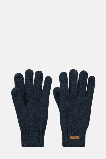 Paar blauwe gebreide handschoenen van BARTS, met een bruin logo op de manchet.