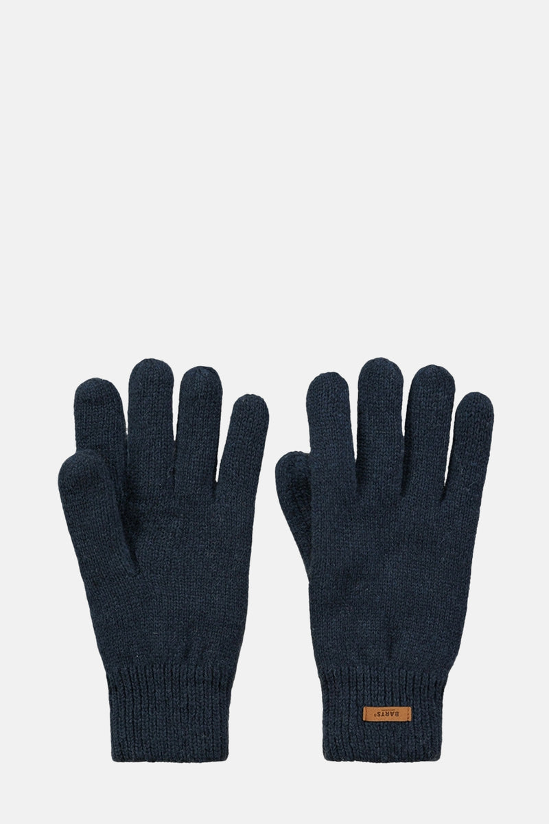 Paar blauwe gebreide handschoenen van BARTS, met een bruin logo op de manchet.