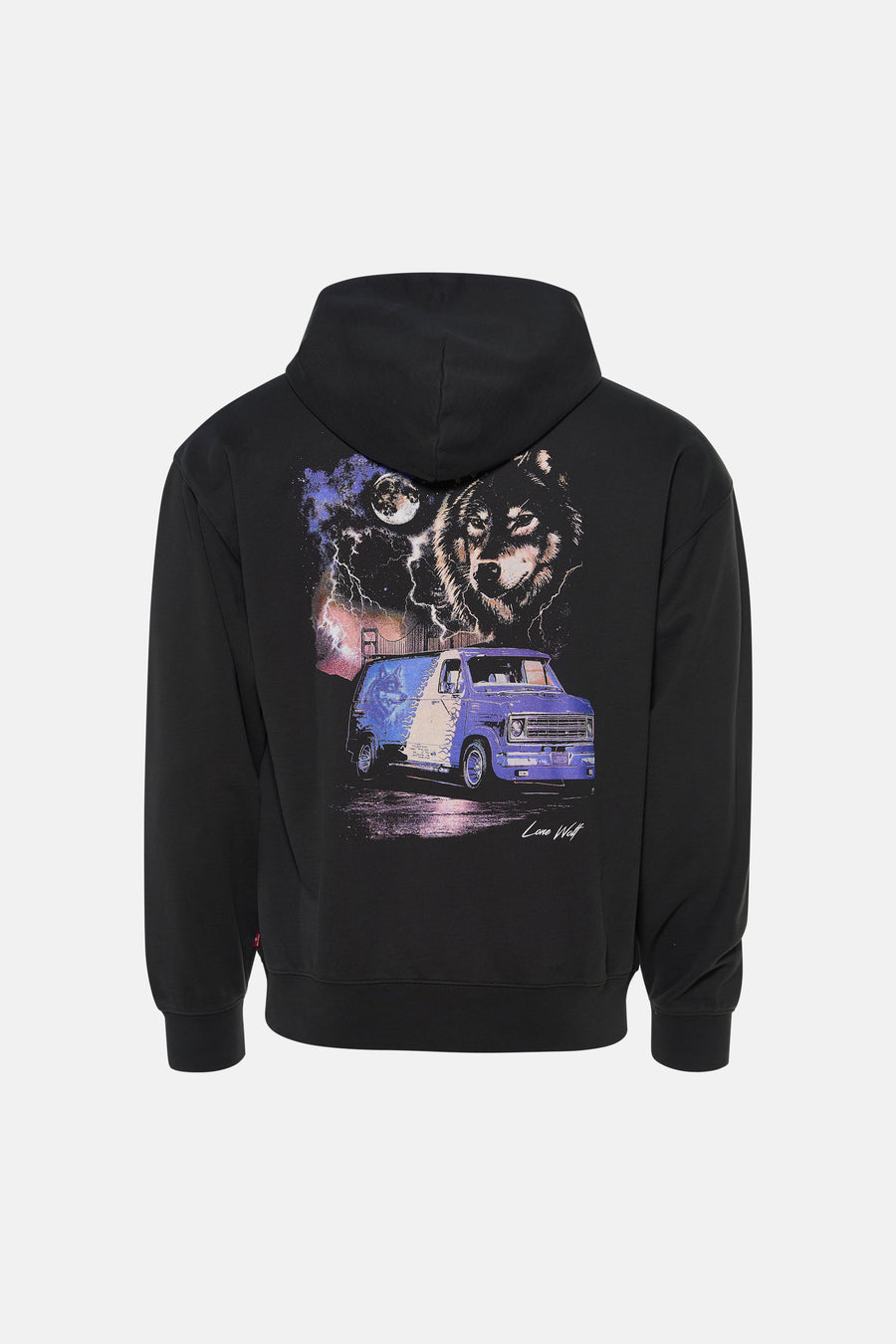 Sweat à capuche noir Levi's® vu de dos, avec imprimé représentant un loup et un pick-up bleu.