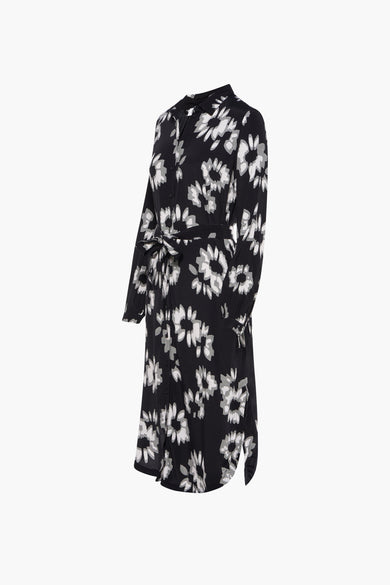 Robe à manches longues noire d'Esprit avec motif floral blanc et gris, ceinture nouée.