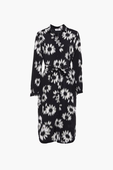 Robe à manches longues noire par Esprit, motif floral blanc et gris avec une ceinture assortie.