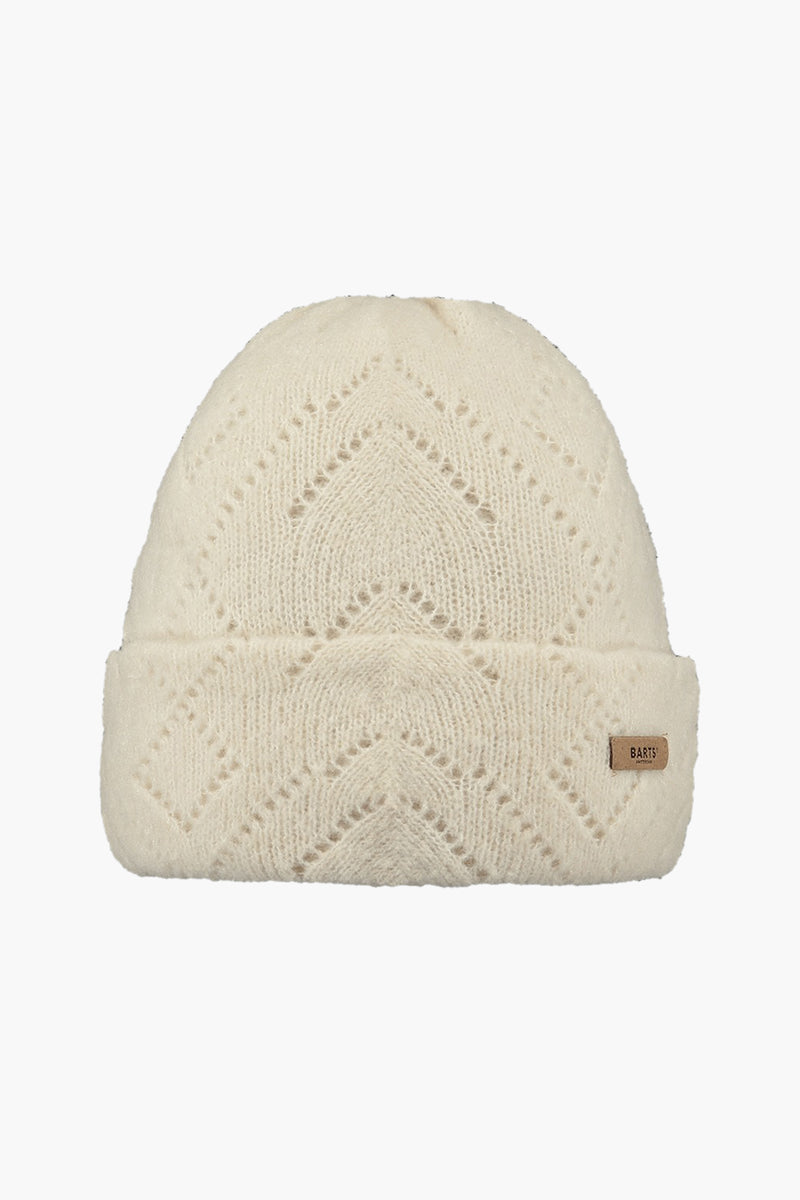 Bonnet écru de BARTS, avec motif ajouré en losanges et étiquette logo sur le bord.
