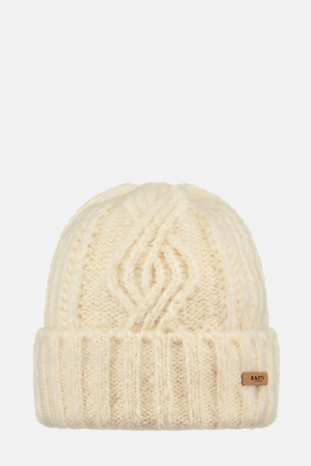 Bonnet écru de BARTS, avec un motif torsadé et un revers côtelé.
