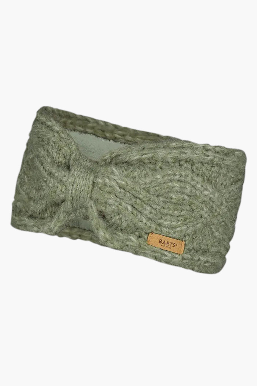 Groene oorwarmers van Barts, in kabelsteek met een decoratieve strik aan de zijkant.