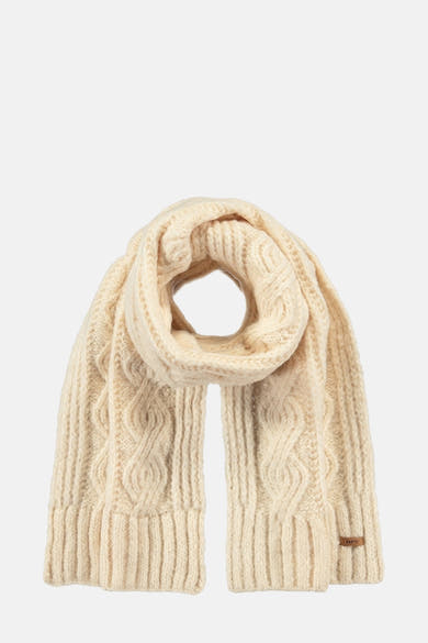Écharpe écru de BARTS, en tricot torsadé texturé, enroulée sur elle-même et présentée sur fond uni.
