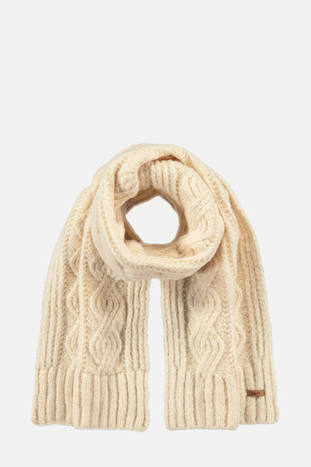 Écharpe écru de BARTS, en tricot torsadé texturé, enroulée sur elle-même et présentée sur fond uni.
