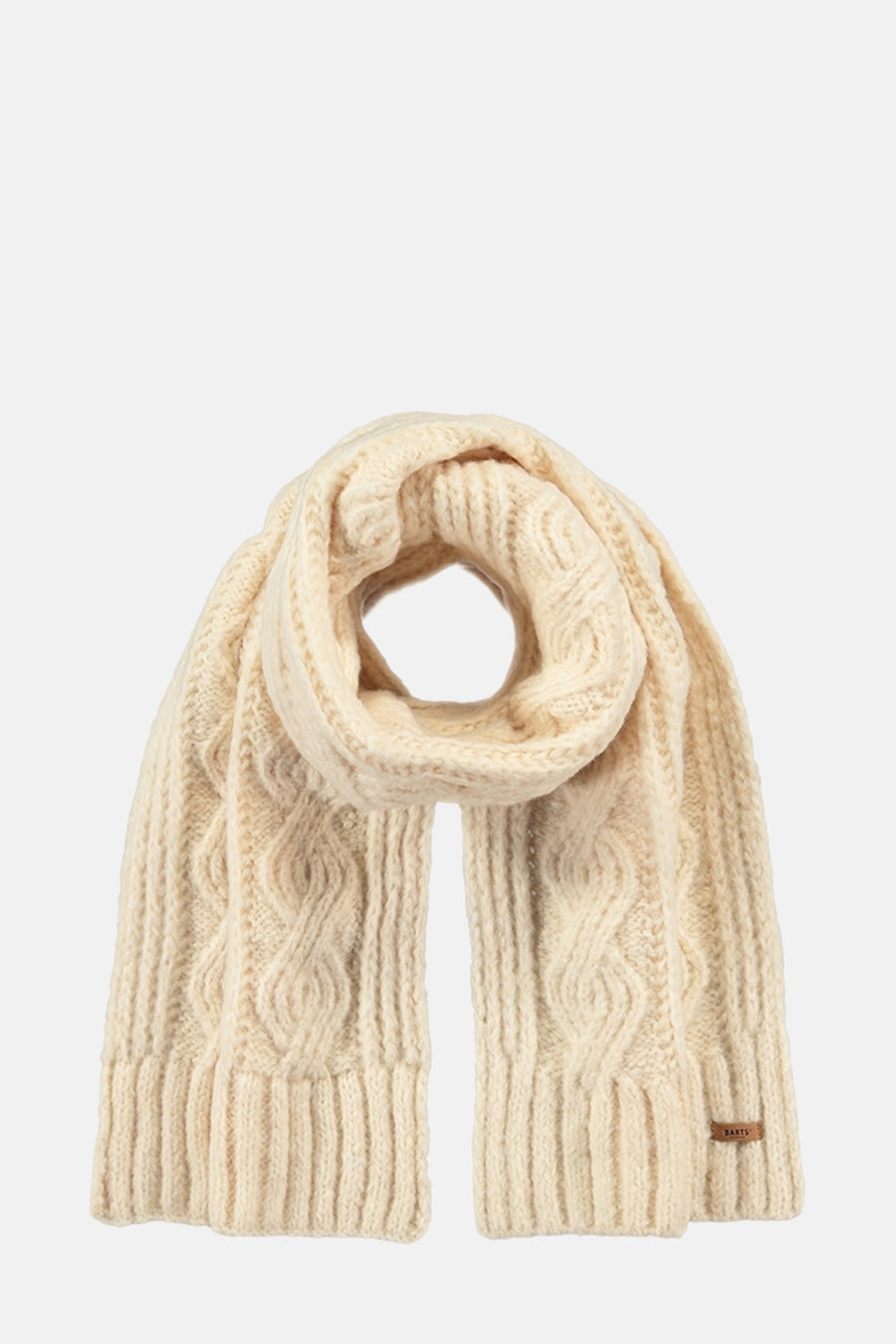 Écharpe écru de BARTS, en tricot torsadé texturé, enroulée sur elle-même et présentée sur fond uni.
