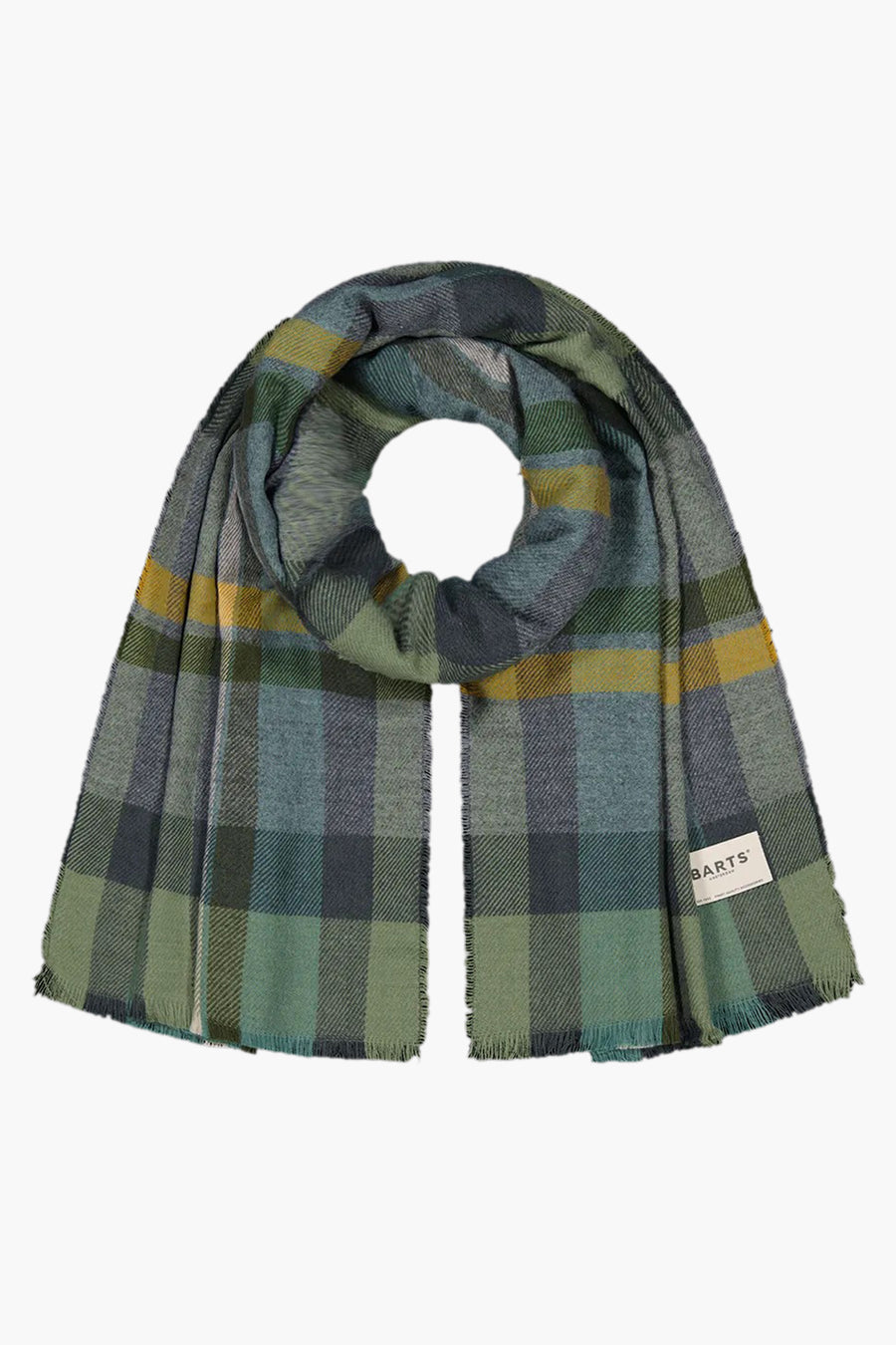 Foulard à carreaux vert et jaune par BARTS, avec des bords à franges et une étiquette de la marque.
