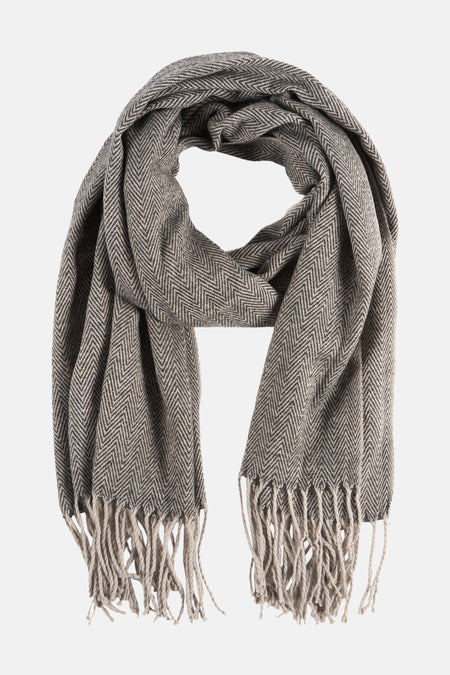 Écharpe grise de BARTS, à motif chevrons et franges décoratives.