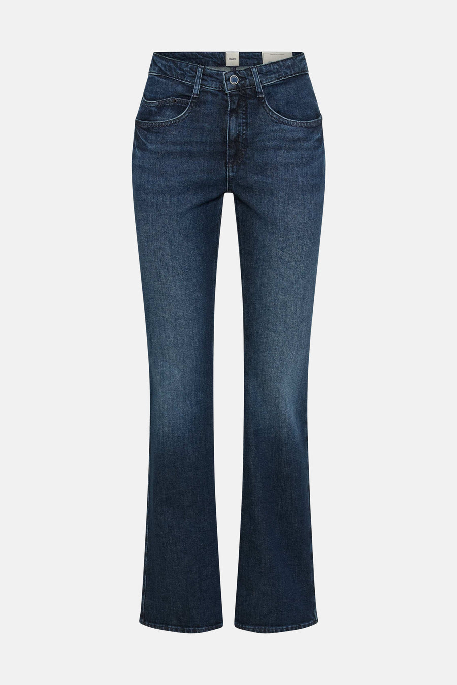 Mid blue bootcut jeans by BRAX, featuring classic five-pocket design and subtle fade detailing, front view