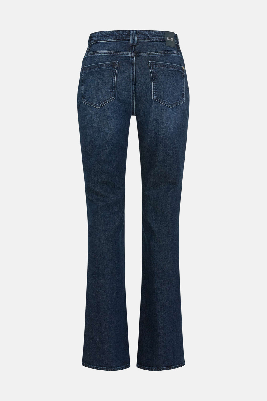 Mid blue bootcut jeans by BRAX, back view with classic stitching and flared legs