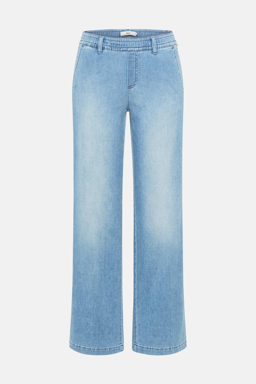Wijde spijkerbroek in lichtblauw denim van BRAX, met opgestikte achterzakken en elastische tailleband.