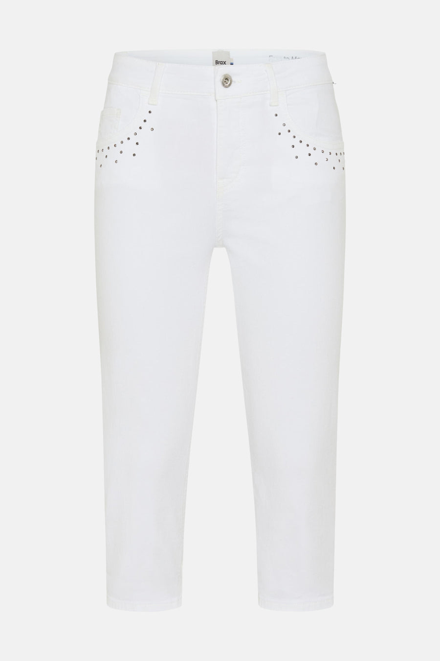Witte Bermuda van BRAX, achterkant met twee achterzakken en een merklabel.