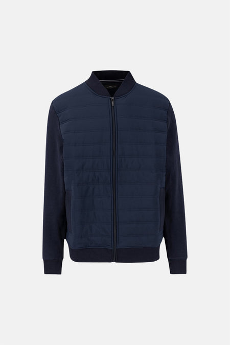 Marineblauwe sweater van FYNCH-HATTON, achterzijde, met opstaande kraag en geribde boorden aan de manchetten en zoom.