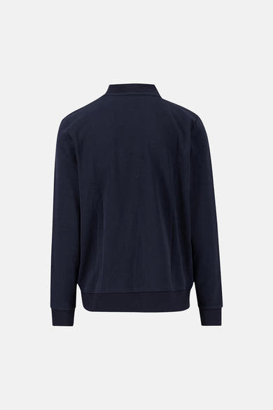 Sweat bleu marine de FYNCH-HATTON, vue arrière, avec col montant et bordures côtelées aux poignets et à l'ourlet.