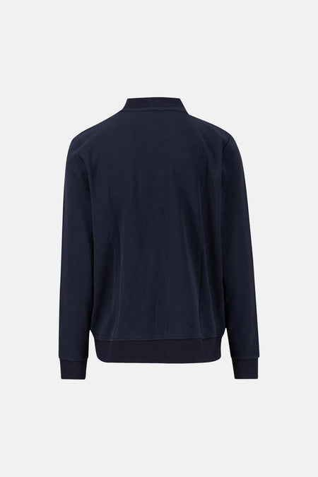 Sweat bleu marine de FYNCH-HATTON, vue arrière, avec col montant et bordures côtelées aux poignets et à l'ourlet.