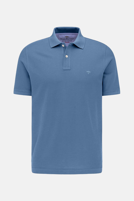 Polo blauw met korte mouwen van Fynch-Hatton, met een witte collar en knoppenla.