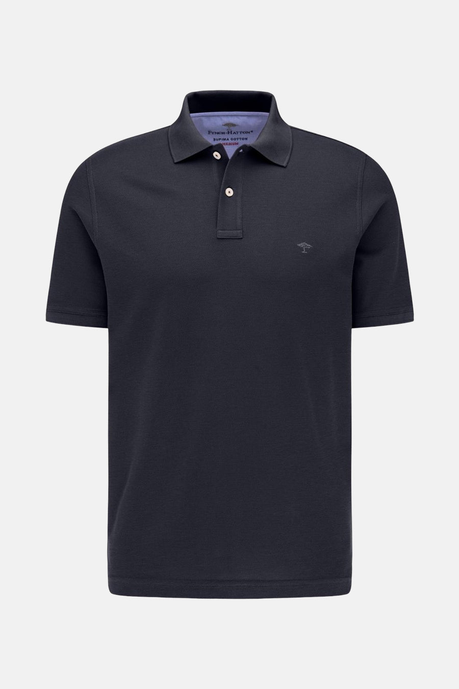 Donkerblauw poloshirt met korte mouwen van Fynch-Hatton met een knoopsluiting met twee knopen en een discreet logo.