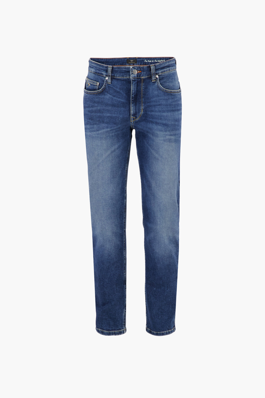 Jean droit en denim bleu moyen de Fynch-Hatton, coupe régulière, aspect légèrement délavé.
