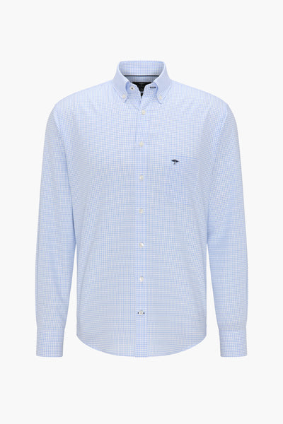 Light blue checkered long-sleeve shirt with button-down collar and chest pocket, front view